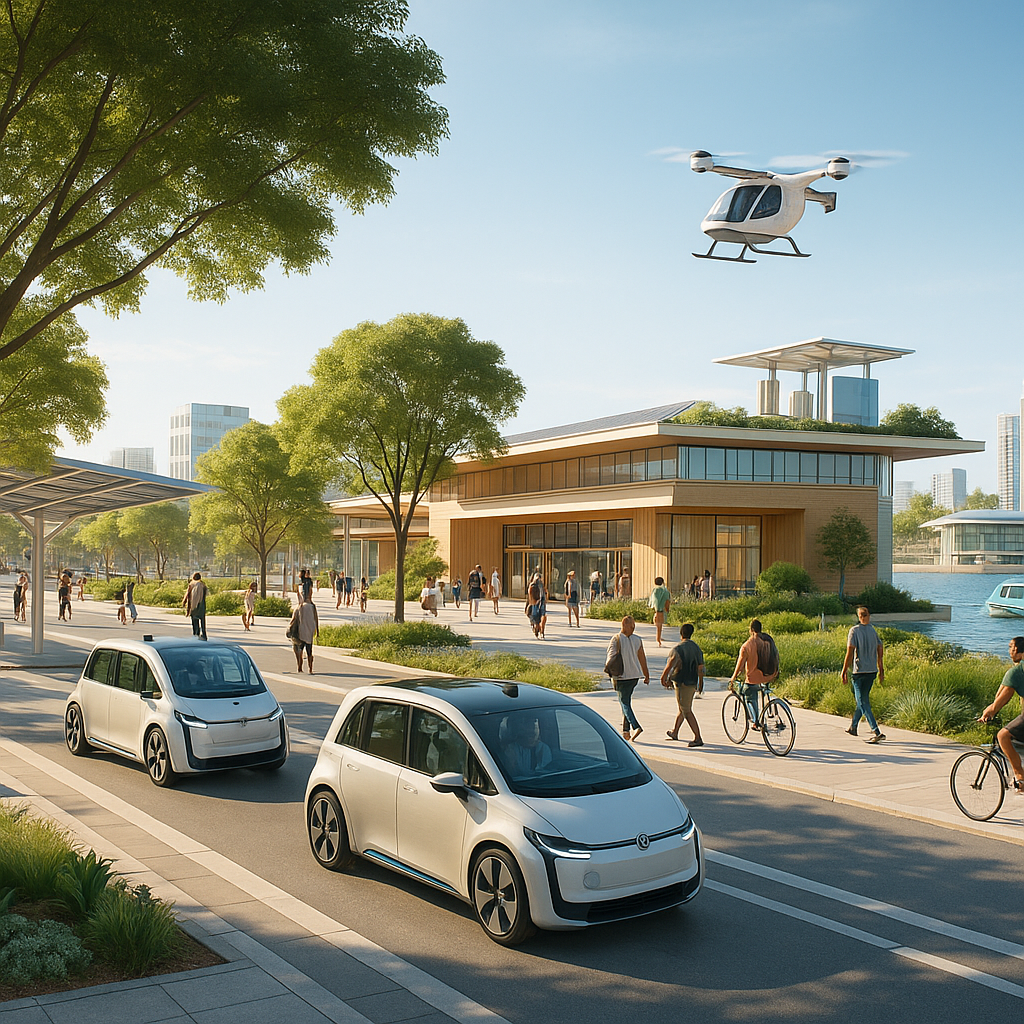 A bright connected city mobility hub with autonomous electric vehicles, sky cabs, pedestrians, trees, and seamless transit links