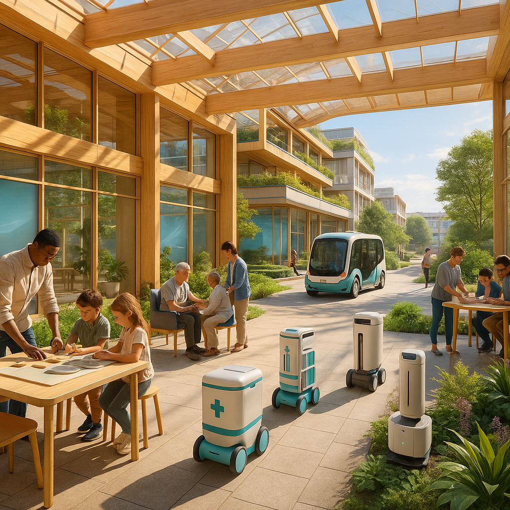 Bright future community research and learning hub where people collaborate with helpful AI systems and service robots in a sunlit green public space