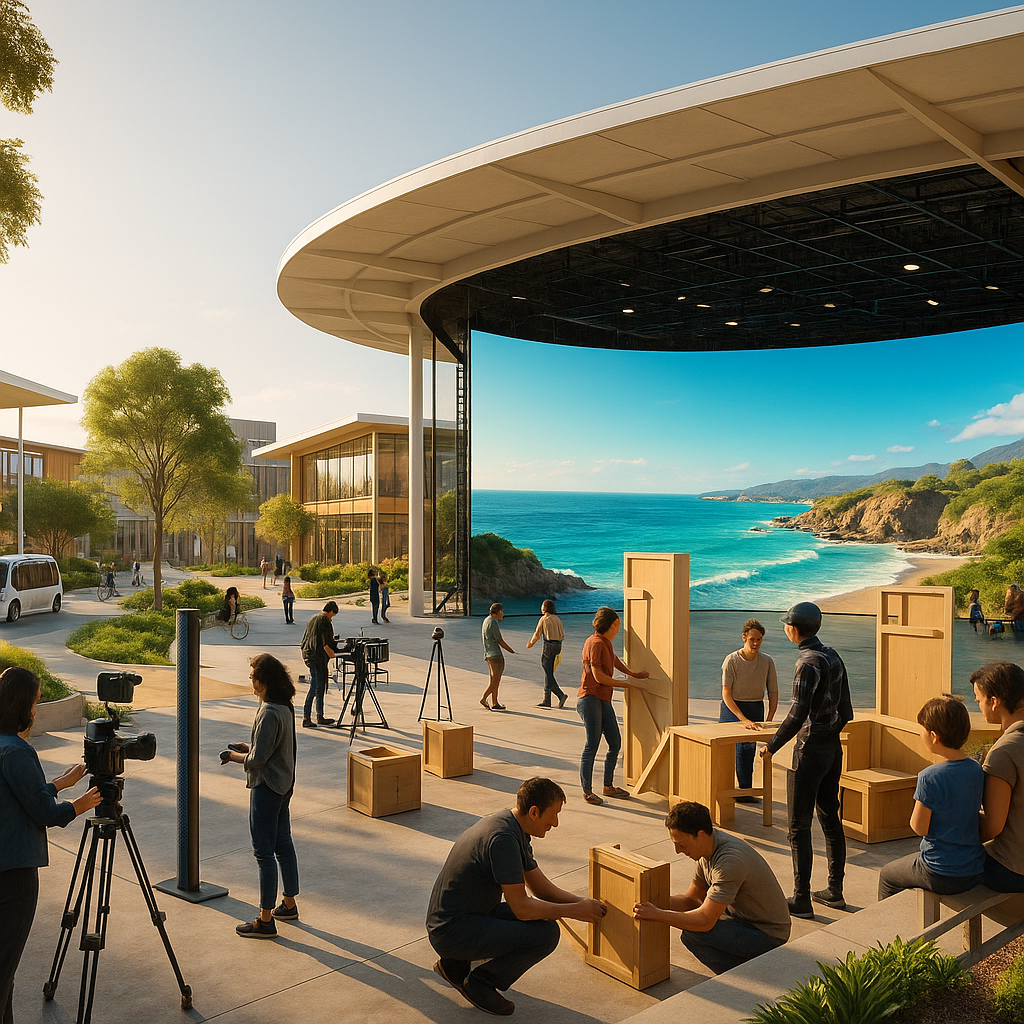 Bright future media campus where creators and visitors experience an outdoor virtual production world surrounded by studios, gardens, and interactive installations