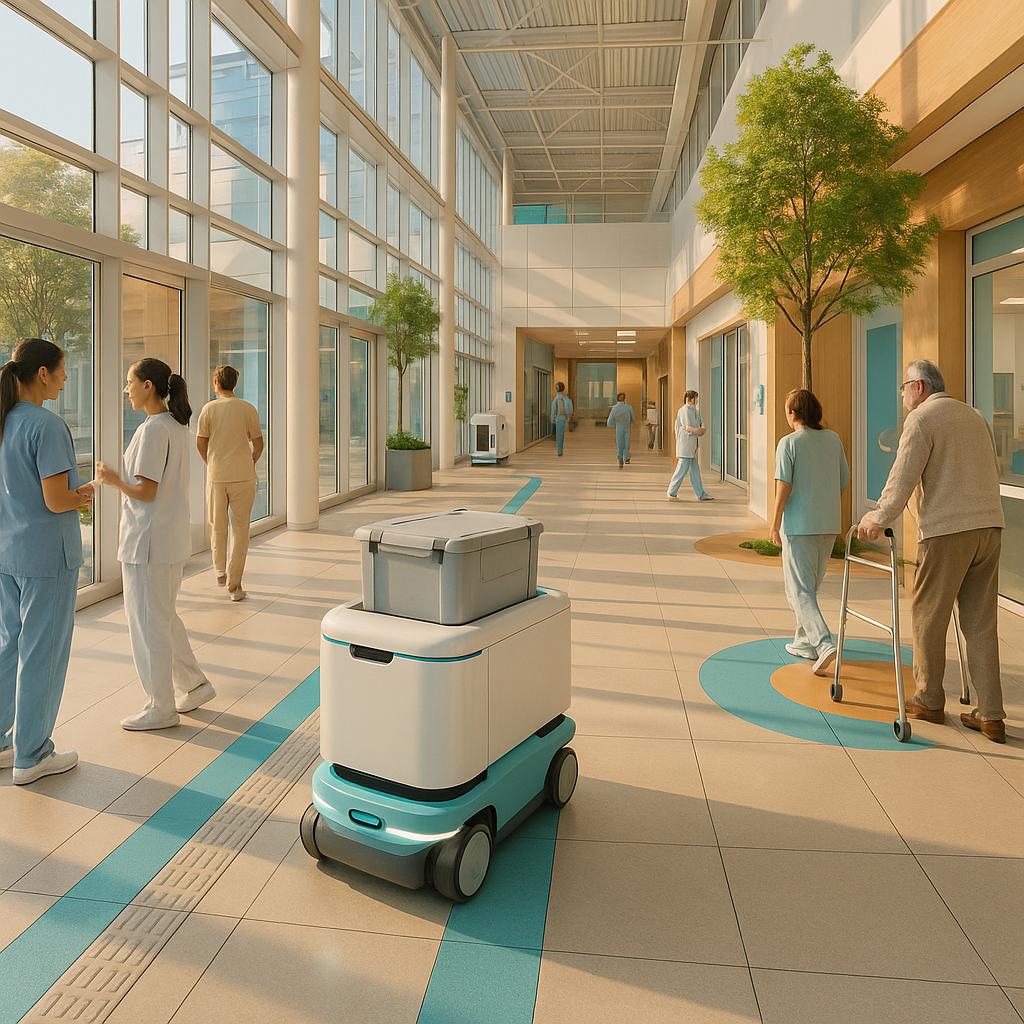 A bright hospital logistics corridor where a mobile robot transports supplies while staff and patients move safely through a sunlit green atrium