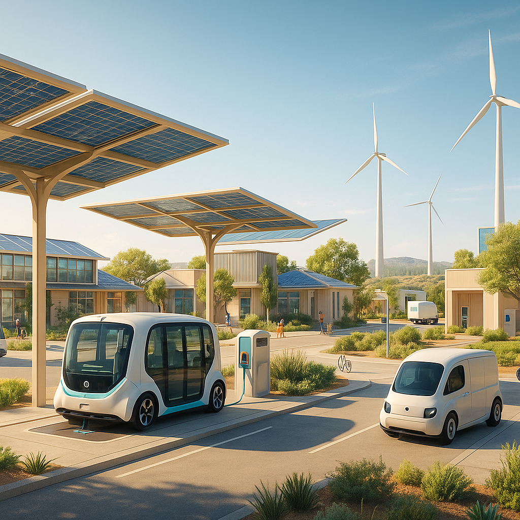 Autonomous electric vehicles charging beneath solar canopies beside a green energy-positive neighborhood