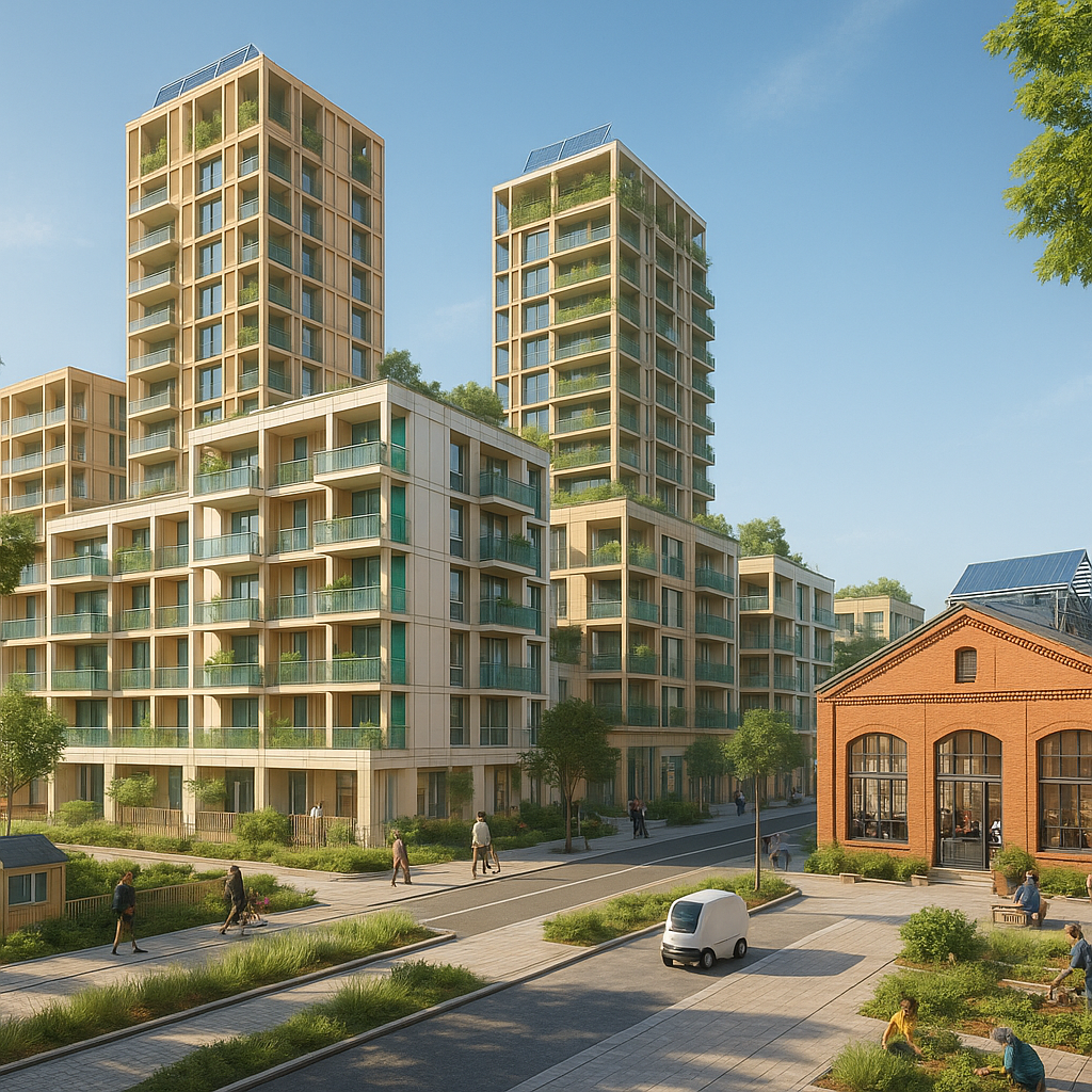 Sunlit mixed-use housing district with adaptable apartment towers, modular homes, green terraces, shaded walkways, and autonomous service systems