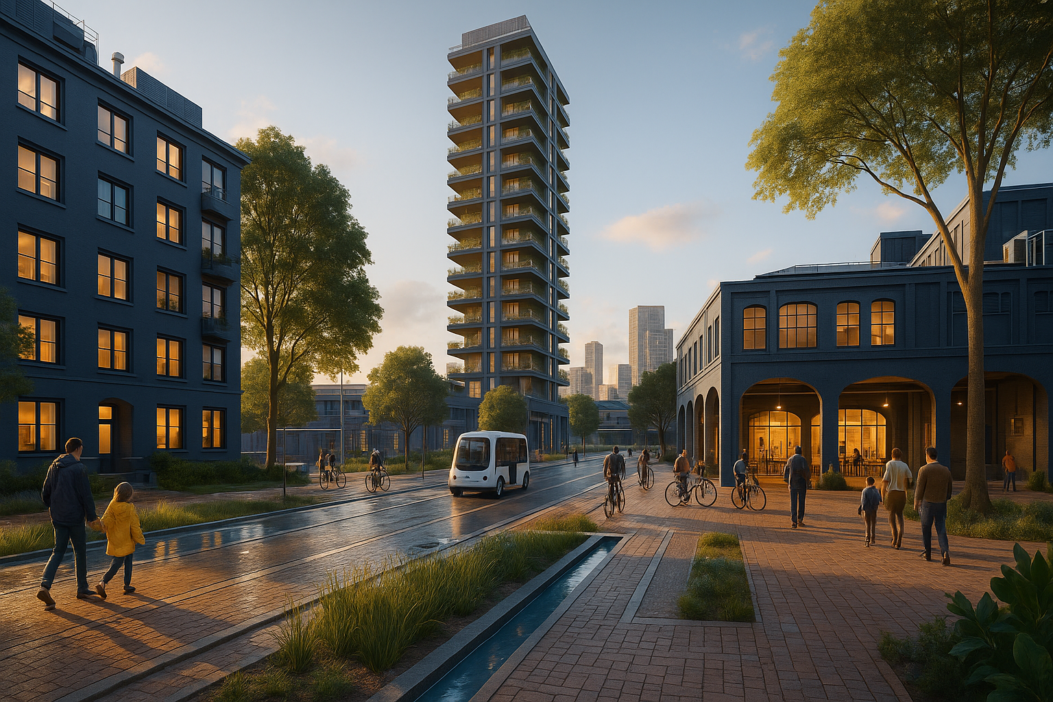 A resilient mixed-use housing district with retrofit apartments, shaded public spaces, smart infrastructure, and attainable homes at dusk