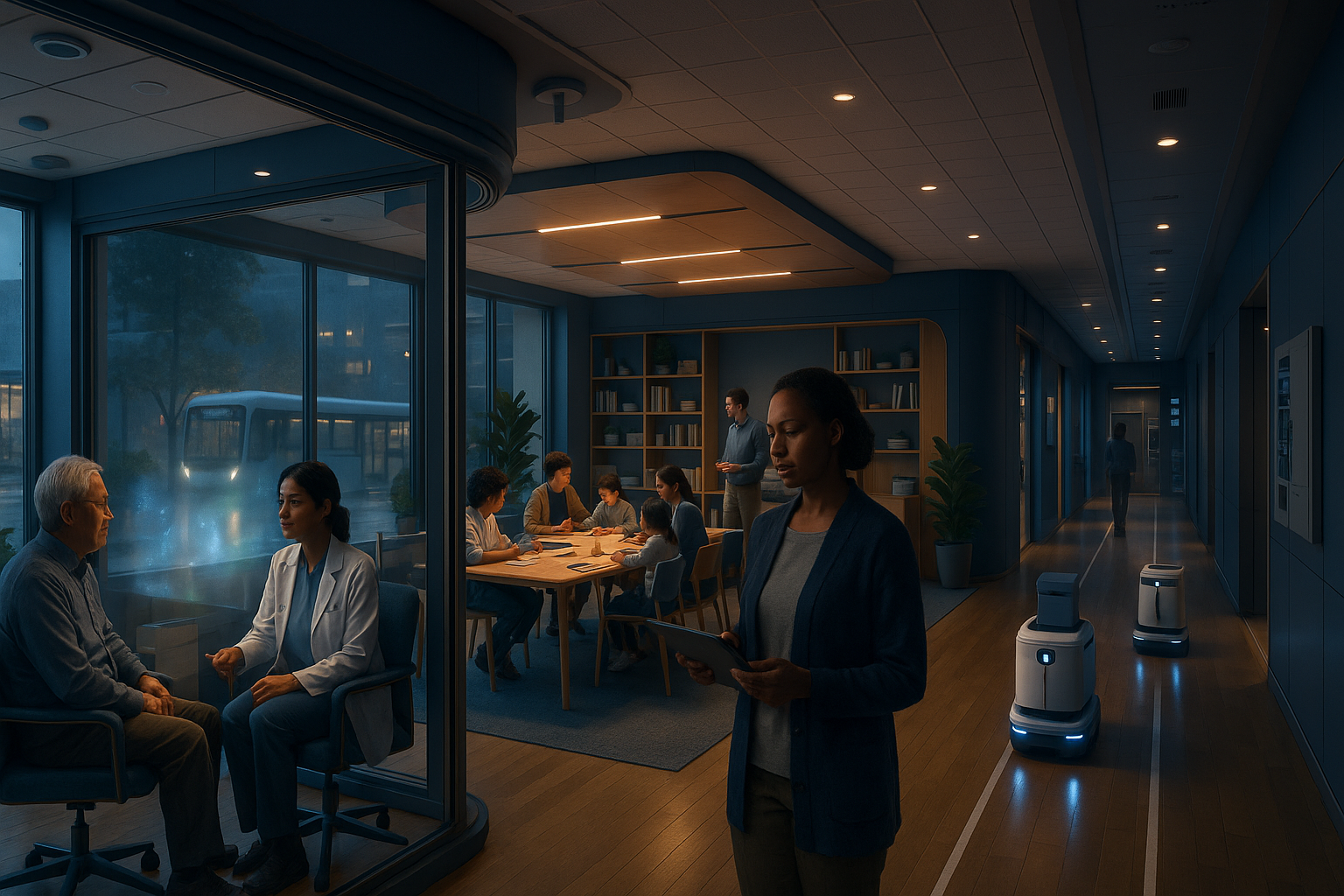 A neighborhood care and learning hub where people work alongside mobile robots and ambient AI systems in a warm, futuristic civic interior.