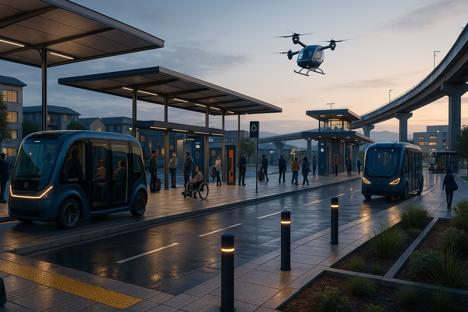 Autonomous electric shuttles and a sky cab moving through a connected regional mobility hub with safe pedestrian paths and charging infrastructure