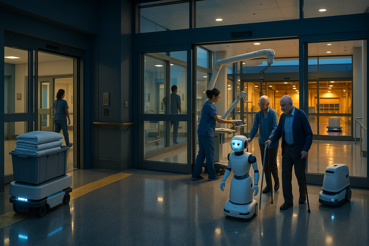 Practical service and industrial robots assisting people in a connected hospital and logistics facility
