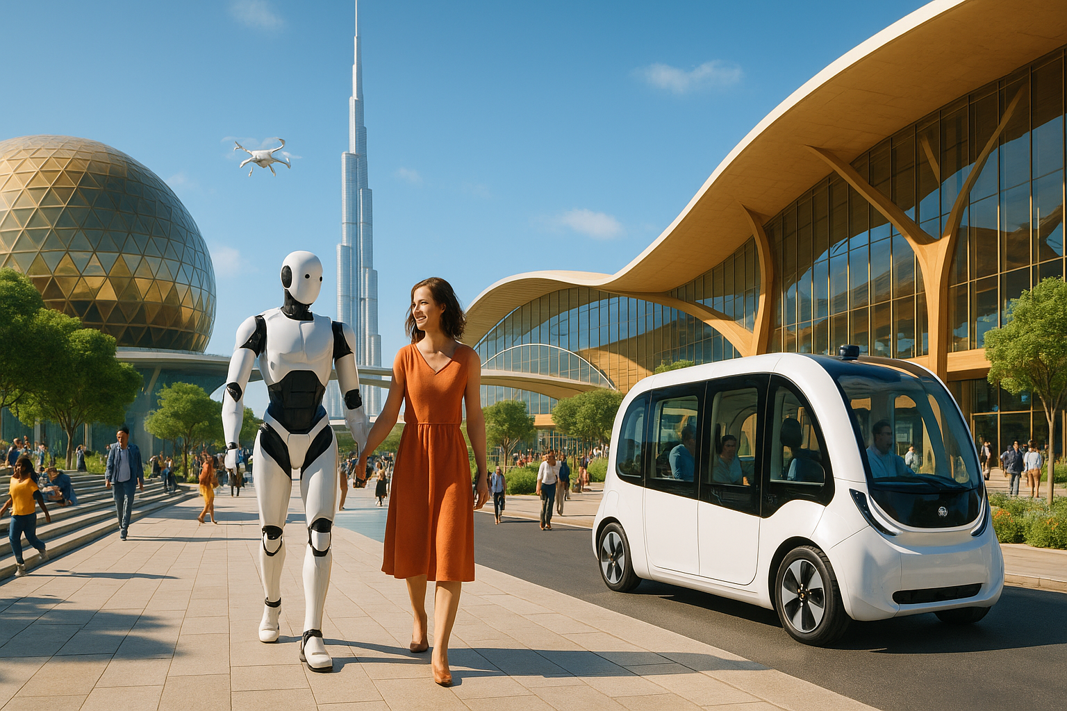 A near-future airport district with service robots, autonomous shuttles, solar architecture, and people moving through a bright public plaza