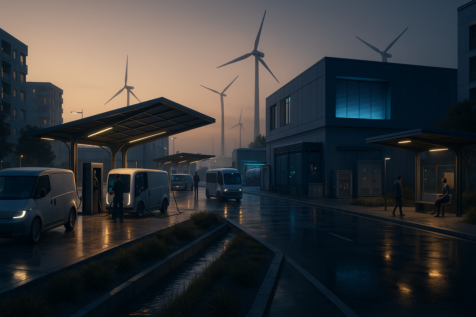 Autonomous electric shuttles charging beneath solar canopies beside wind turbines, hydrogen equipment, neighborhood batteries, and resilient grid infrastructure