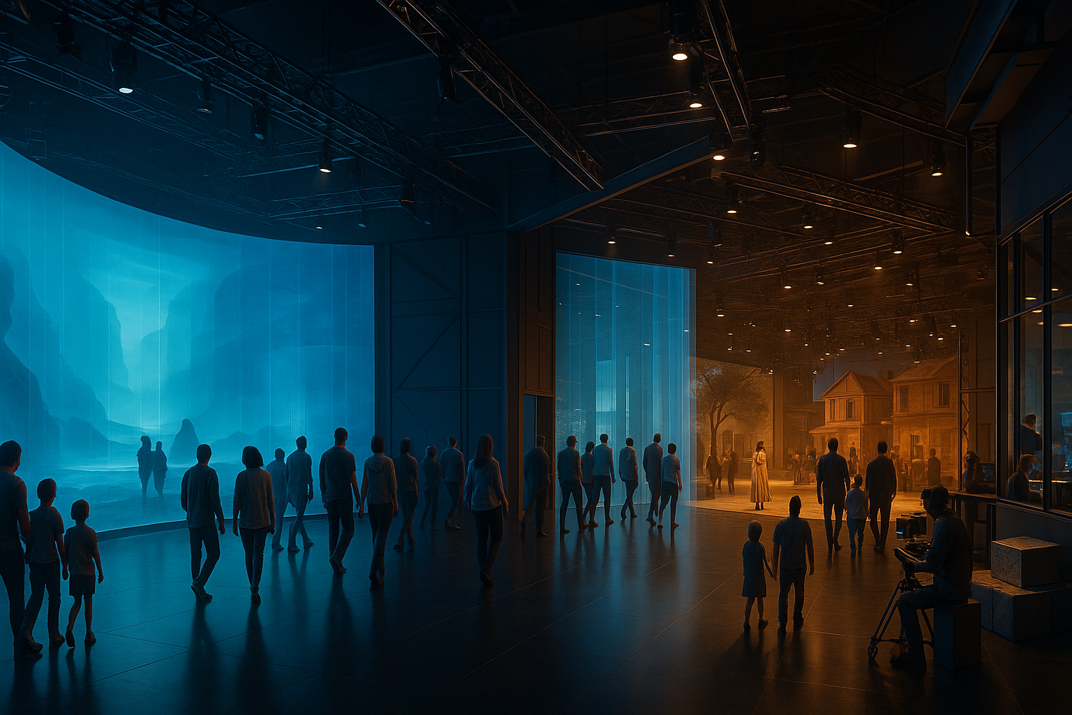 A cinematic adaptive entertainment studio district where audiences move through a responsive story world, surrounded by virtual production stages and volumetric media infrastructure.