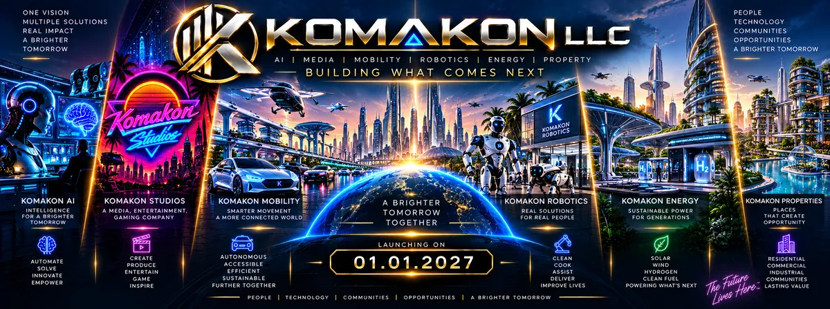 Komakon portfolio vision showcasing AI, Studios, Mobility, Robotics, Energy, and Properties